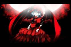 Rule 34 | 1girl, alternate color, bat wings, blue hair, bow, breasts, dress, female focus, fingernails, fujinohara akihira, full moon, grin, hat, highres, letterboxed, moon, nail, pale skin, red eyes, red theme, remilia scarlet, ribbon, silver hair, smile, solo, touhou, wings, wrist cuffs, wristband