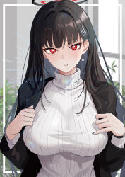 Rule 34 | 1girl, absurdres, black hair, black jacket, black nails, blue archive, breasts, earrings, hair ornament, hairclip, halo, highres, jacket, jewelry, large breasts, long hair, looking at viewer, musicatopos, open clothes, open jacket, parted lips, red eyes, ribbed sweater, rio (blue archive), single earring, solo, sweater, turtleneck, turtleneck sweater, upper body, very long hair, white sweater