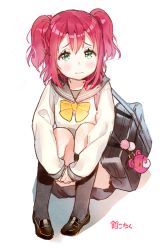 Rule 34 | 10s, 1girl, 3:, anco (melon85), artist name, bag, bag charm, black socks, blue eyes, blush, bow, bowtie, charm (object), green eyes, kneehighs, kurosawa ruby, loafers, long sleeves, looking at viewer, love live!, love live! sunshine!!, pink hair, red hair, school bag, school uniform, serafuku, shoes, simple background, sitting, socks, solo, two side up, white background