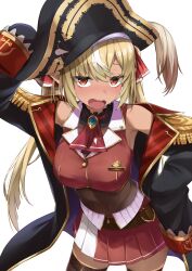 Rule 34 | 1girl, black coat, black thighhighs, blonde hair, blush, breasts, coat, cosplay, cropped jacket, dark-skinned female, dark skin, hat, highres, hololive, houshou marine, houshou marine (1st costume), houshou marine (cosplay), jacket, large breasts, leotard, leotard under clothes, looking at viewer, multicolored hair, open mouth, pirate hat, pleated skirt, red eyes, red jacket, red skirt, roridaitouryou, shiranui flare, simple background, skirt, sleeveless, sleeveless jacket, solo, sweat, thighhighs, two-sided coat, two-sided fabric, virtual youtuber, white background, white hair