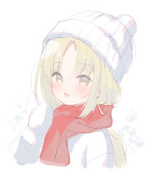 Rule 34 | 1girl, :d, beanie, blush, brown eyes, cropped torso, enpera, fur trim, hand up, hat, jacket, light brown hair, long hair, long sleeves, meito (maze), mittens, open mouth, original, parted bangs, red scarf, scarf, smile, solo, upper body, white background, white hat, white jacket, white mittens
