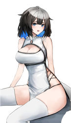Rule 34 | 1girl, absurdres, arknights, bare arms, bare shoulders, black hair, blue eyes, blue hair, breasts, cleavage, cleavage cutout, clothing cutout, commentary, dress, hair flaps, highres, kjera (arknights), large breasts, looking at viewer, multicolored hair, open mouth, short hair, simple background, sitting, sleeveless, sleeveless dress, solo, thighhighs, thighs, wawamachi (wawamachis), white background, white dress, white thighhighs
