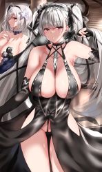 Rule 34 | 2girls, absurdres, azur lane, bad id, bad pixiv id, bare shoulders, black bow, black dress, black gloves, blush, bow, breasts, choker, cleavage, closed mouth, dress, elbow gloves, fary5, formidable (azur lane), gloves, hair bow, hair ornament, hand up, highres, large breasts, looking at viewer, multiple girls, parted lips, red eyes, short hair, sideboob, sirius (azur lane), thighs, twintails