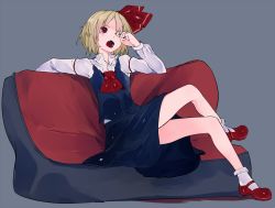 Rule 34 | 1girl, black skirt, blonde hair, commentary request, fangs, full body, grey background, hair ribbon, ikurauni, long sleeves, looking up, mary janes, miniskirt, one eye closed, open mouth, red eyes, red footwear, red ribbon, ribbon, rumia, shoes, short hair, simple background, sitting, skirt, skirt set, socks, solo, tears, tongue, touhou, vest, white socks, wing collar