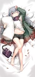 Rule 34 | 1girl, arm up, bag, bandana, bare legs, barefoot, bed sheet, black shorts, blush, brown eyes, coat, g11 (girls&#039; frontline), girls&#039; frontline, grey hair, hair between eyes, hand up, highres, holding, holding pillow, long hair, looking at viewer, lying, marmoset (marmoset0), navel, on back, one eye closed, open clothes, open coat, parted lips, pillow, satchel, shell casing, short shorts, shorts, sidelocks, sleeves past wrists, solo, tank top, tareme, thighs