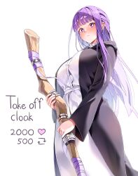 Rule 34 | 1girl, absurdres, blush, breasts, cloak, closed mouth, commentary, curvy, dress, english commentary, english text, fern (sousou no frieren), from below, highres, holding, holding staff, large breasts, long dress, long hair, long sleeves, machulanko, meme, purple cloak, purple eyes, purple hair, simple background, solo, sousou no frieren, staff, standing, straight hair, twitter strip game (meme), white background, white dress, wide hips