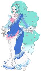 Rule 34 | 1girl, :d, aqua hair, asrbpy, barefoot, blue dress, blue eyes, blue nails, bra, breasts, cleavage, creatures (company), dress, game freak, gen 7 pokemon, gradient hair, hair ornament, hair scrunchie, highres, jewelry, multicolored hair, nail polish, necklace, nintendo, open mouth, pale skin, pearl necklace, personification, pink bra, pink nails, pokemon, primarina, scrunchie, sidelocks, smile, standing, underwear, white scrunchie