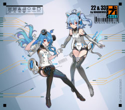 Rule 34 | 2girls, absurdres, ahoge, barcode, bilibili, blue hair, boots, breasts, cleavage cutout, clothing cutout, commentary request, covered navel, elbow gloves, english text, fingerless gloves, full body, gloves, hairband, half gloves, highres, jacket, lanyaojun, long hair, looking at viewer, multiple girls, original, red eyes, see-through, see-through jacket, small breasts, thigh boots, thighhighs