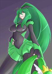 Rule 34 | 10s, 2girls, bad end march, bad end precure, bakusai, black bodysuit, bodysuit, breasts, covered navel, cure march, dual persona, fingerless gloves, gloves, grabbing another&#039;s hair, green eyes, green hair, grey background, grin, hand on own hip, head out of frame, large breasts, long hair, midorikawa nao, multiple girls, ponytail, precure, skirt, smile, smile precure!, solo focus, tiara, victory pose