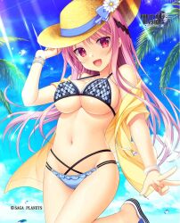 Rule 34 | 1girl, :d, absurdres, ambitious mission, arise kaguya, bikini, blue bikini, blue sky, bracelet, breasts, cleavage, cloud, copyright notice, covered erect nipples, day, flower, hair ornament, hat, hat flower, highres, jacket, jewelry, long hair, looking at viewer, medium breasts, official art, open clothes, open mouth, open shirt, outdoors, pink hair, red eyes, saga planets, sky, smile, solo, standing, straw hat, sun hat, swimsuit, underboob, very long hair, yellow jacket
