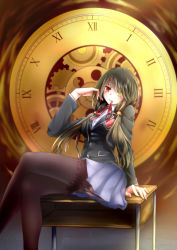 Rule 34 | 1girl, absurdres, alladin edo, black hair, black shirt, black thighhighs, blouse, blue skirt, clock, clock eyes, clockwork, crossed legs, date a live, garter straps, highres, holding, holding own hair, lace, lace-trimmed legwear, lace trim, long hair, mouth hold, red eyes, ribbon, ribbon in mouth, roman numeral, school uniform, shirt, sitting, skirt, solo, symbol-shaped pupils, table, thighhighs, tokisaki kurumi, twintails, white shirt, yellow eyes