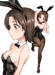 Rule 34 | 1girl, absurdres, animal ears, black bow, black bowtie, black leotard, black pantyhose, bow, bowtie, breasts, brown eyes, brown hair, detached collar, full body, girls und panzer, highres, lazurite (user 8870367), leotard, multiple views, pantyhose, playboy bunny, rabbit ears, sawa azusa, short hair, simple background, small breasts, standing, strapless, strapless leotard, thighband pantyhose, upper body, v over eye, white background, wrist cuffs