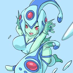 Rule 34 | 1girl, breasts, cleavage, digimon, digimon (creature), female focus, fins, frog girl, helmet, large breasts, looking at viewer, monster girl, one-piece swimsuit, ranamon, smile, solo, swimsuit