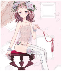 Rule 34 | 1girl, blue eyes, breasts, brown hair, camisole, chair, chiune (user fukt3537), flower, head wreath, highres, lingerie, long hair, looking at viewer, mirror, nail polish, original, panties, parasol, petals, rose, see-through, sitting, small breasts, smile, solo, string panties, thighhighs, umbrella, underwear, underwear only, white nails, white thighhighs