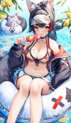 Rule 34 | 1girl, absurdres, animal ear fluff, animal ears, bikini, bikini under clothes, black choker, black hair, black jacket, blush, breasts, cat, choker, cleavage, dolphin shorts, feet out of frame, food, hair ornament, highres, hololive, innertube, inre kemomimi, jacket, large breasts, leaf print, long hair, looking at viewer, maple leaf print, multicolored hair, navel, off shoulder, ookami mio, ookami mio (hololive summer 2019), orange eyes, paw print, pendant choker, ponytail, popsicle, red hair, shorts, sitting, streaked hair, swim ring, swimsuit, taiga (ookami mio), tongue, tongue out, virtual youtuber, visor cap, water, wet, wolf ears, wolf girl