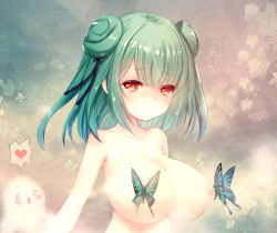 Rule 34 | 1girl, 1other, alternate breast size, bare shoulders, breast expansion, breasts, bug, butterfly, commentary request, double bun, eyebrows, fandead (uruha rushia), ghost, green hair, hair bun, heart, highres, hitomaru, hololive, insect, lactation, large breasts, nipples, red eyes, short hair, shortstack, tears, topless, upper body, uruha rushia, virtual youtuber