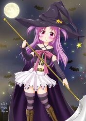 Rule 34 | 1girl, absurdres, bare shoulders, halloween, hat, highres, madokamamika, magia record: mahou shoujo madoka magica gaiden, mahou shoujo madoka magica, misono karin, purple eyes, purple hair, skirt, smile, solo, two side up, white skirt