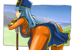 Rule 34 | 1girl, ass, bent over, blue hair, breasts, chunsoft, dragon quest, dragon quest iii, enix, gloves, hat, latex, latex gloves, michael f91, mitre, priest (dq3), solo, square enix, tabard