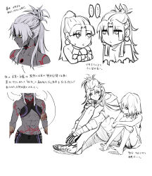Rule 34 | ..., 3girls, abs, absurdres, assassin (fate/zero), character request, character sheet, colored skin, commentary request, earrings, fate/grand order, fate (series), female assassin (fate/zero), flat color, grey hair, grey skin, highres, hoop earrings, jewelry, lineart, looking at another, multiple girls, muscular, muscular female, shin (ultramarine430), sitting, spoken ellipsis, stirrup legwear, tattoo, toeless legwear, translation request