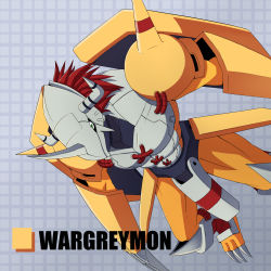 Rule 34 | armor, character name, claws, digimon, digimon (creature), digimon adventure, gauntlets, greaves, green eyes, grid, helmet, highres, horns, monster, no humans, red hair, s09v165, shoulder pads, solo, spikes, wargreymon