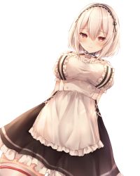 Rule 34 | 1girl, anchor ornament, apron, arms behind back, azur lane, black skirt, blush, breasts, closed mouth, commentary request, curtain grab, curtains, frilled apron, frilled skirt, frills, hair between eyes, hairband, highres, kiri celea, large breasts, looking at viewer, maid, red eyes, short hair, silver hair, simple background, sirius (azur lane), skirt, smile, solo, thighhighs, two-tone hairband, underbust, waist apron, white apron, white background, white thighhighs