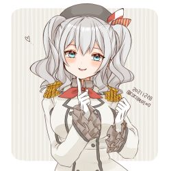 Rule 34 | 1girl, beret, black hat, blue eyes, blush, border, breasts, cocoperino, collared shirt, dated, epaulettes, gloves, grey shirt, hair between eyes, hat, jacket, kantai collection, kashima (kancolle), kerchief, large breasts, long sleeves, military, military uniform, red neckwear, shirt, short hair, silver hair, smile, solo, striped, striped background, tongue, tongue out, twintails, twitter username, uniform, upper body, vertical stripes, white border, white gloves, white jacket