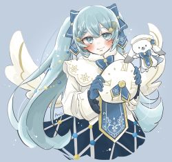 Rule 34 | 1girl, akita aaa, angel wings, aqua eyes, aqua hair, bass clef, beret, blue background, blue bow, blush, bow, bowtie, braid, braided bangs, capelet, commentary, cropped torso, dress, fur-trimmed capelet, fur trim, hair bow, hat, hatsune miku, highres, holding, holding clothes, holding hat, looking at viewer, rabbit, rabbit yukine, smile, snow, snowflake print, treble clef, unworn hat, unworn headwear, upper body, vocaloid, white beret, white capelet, white dress, white headwear, wings, yuki miku, yuki miku (2021)