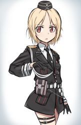 Rule 34 | 1girl, :o, aiguillette, belt pouch, black gloves, black hat, black jacket, black necktie, blonde hair, commentary, commentary request, cowboy shot, cross, dress shirt, emblem, english commentary, epaulettes, fankupl, garrison cap, german clothes, girls&#039; frontline, gloves, grey background, hat, highres, iron cross, jacket, looking at viewer, military, military hat, military uniform, mp40 (girls&#039; frontline), necktie, no pants, open mouth, pouch, red eyes, shirt, short hair, solo, swept bangs, thigh strap, uniform, white shirt, wing collar