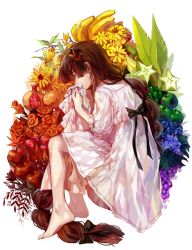 Rule 34 | 1girl, apple, autumn leaves, back bow, banana, barefoot, bikini, black bow, blue flower, bow, bud, closed eyes, commentary request, covered mouth, dress, flower, food, from side, fruit, full body, grapes, hair bow, hairband, harrymiao, highres, holding, leaf, long hair, maple leaf, multi-strapped bikini, orange flower, orange rose, original, pomegranate, profile, rainbow order, rose, sitting, sleeves past elbows, smelling, smelling clothes, solo, star-shaped food, star (symbol), starfruit, strawberry, swimsuit, very long hair, white background, white dress, yellow flower