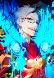 Rule 34 | 1boy, black-framed eyewear, blue background, blue eyes, colorful, commentary request, facial hair, fate/grand order, fate (series), glasses, grey hair, highres, jacket, james moriarty (archer) (fate), looking at viewer, male focus, mika pikazo, mustache, old, old man, red jacket, sharp teeth, smile, solo, teeth, upper body