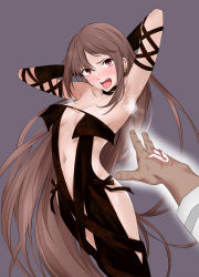 Rule 34 | 1girl, absurdres, armpits, arms behind head, arms up, bare shoulders, black dress, black gloves, blush, breasts, brown hair, center opening, choker, collarbone, command spell, commentary request, dress, earrings, elbow gloves, fang, fate/grand order, fate (series), gloves, grey background, highres, hip focus, jewelry, long hair, looking at viewer, medium breasts, navel, open mouth, outstretched arm, red eyes, simple background, solo focus, strapless, strapless dress, sweat, very long hair, yoshiki360, yu mei-ren (fate)