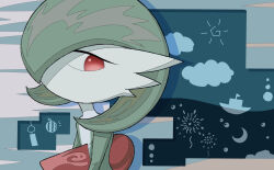 1girl absurdres blue_background bob_cut colored_skin creatures_(company) female_focus flat_chest game_freak gardevoir gen_3_pokemon green_hair green_skin hair_over_one_eye highres looking_afar looking_to_the_side multicolored_skin nintendo no_mouth one_eye_covered pokemon pokemon_(creature) red_eyes short_hair solo two-tone_skin uoxvt upper_body white_skin