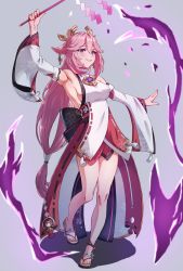 Rule 34 | 1girl, animal ears, arm up, armpits, bare legs, blush, breasts, commentary, detached sleeves, earrings, electricity, flower knot, fox ears, full body, genshin impact, gohei, grey background, hair between eyes, headpiece, highres, holding, holding gohei, jewelry, kadokadokado, long hair, magic, medium breasts, necklace, nontraditional miko, obi, outstretched arm, parted lips, pink hair, purple eyes, sandals, sash, sideboob, simple background, smile, solo, standing, tassel, thighs, wide sleeves, yae miko