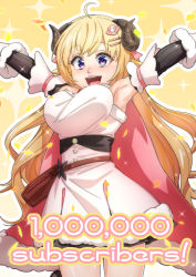 Rule 34 | 1girl, ahoge, animal ears, armpits, belt pouch, blonde hair, breasts, cape, detached sleeves, dress, english text, fur-trimmed cape, fur-trimmed dress, fur-trimmed sleeves, fur trim, hair ornament, hairclip, half updo, highres, hololive, horns, large breasts, long hair, nisui noki, pouch, purple eyes, sheep ears, sheep girl, sheep horns, short dress, sleeveless, sleeveless dress, solo, tsunomaki watame, tsunomaki watame (1st costume), two-sided cape, two-sided fabric, very long hair, virtual youtuber, white dress