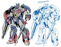 1boy autobot full_body headgear holding holding_sword holding_weapon kamizono_(spookyhouse) machine machinery male_focus mecha monochrome optimus_prime robot shield solo standing sword transformers weapon