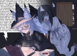 Rule 34 | animal ear fluff, animal ears, black eyes, black hair, black sweater, commentary, cookie, ears through headwear, female masturbation, food, fox ears, fox girl, fox tail, ghost, ghost tail, glasses, halloween, hat, highres, hitodama, hugging another&#039;s tail, jiffic, long hair, masturbation, notebook, open mouth, orange eyes, original, plate, ribbed sweater, skeleton, smile, sweater, tail, hugging tail, tessa (jiffic), text focus, triangular headpiece, voyeurism, white hair, witch hat