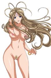 Rule 34 | 1girl, aa megami-sama, antenna hair, belldandy, breasts, cowboy shot, curly hair, facial mark, female focus, female pubic hair, forehead mark, large breasts, navel, nipples, nude, pubic hair, pussy, simple background, solo, tagme, thigh gap, thighs, third-party edit, uncensored, white background