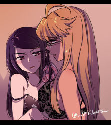 Rule 34 | against wall, ahoge, alma armas, arm at side, asymmetrical docking, bare shoulders, black-framed eyewear, blonde hair, blush, bra, breast envy, breast press, breasts, brown eyes, collarbone, dark-skinned female, dark skin, floral print, frown, glasses, hand in another&#039;s hair, jill stingray, lace, lace-trimmed bra, lace trim, large breasts, letterboxed, lingerie, long hair, looking at another, mechanical hands, negligee, profile, purple hair, pursed lips, red eyes, sekihara umina, sidelocks, small breasts, strap slip, swept bangs, tareme, twitter username, underwear, upper body, va-11 hall-a, yuri