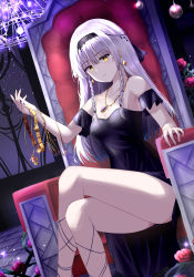 Rule 34 | 1girl, absurdres, arm strap, bare legs, bare shoulders, black dress, black hairband, closed mouth, collarbone, crossed legs, dress, dutch angle, earrings, hairband, hamu (hvmzld123), highres, holding, jewelry, long hair, looking at viewer, necklace, original, short dress, sitting, solo, strapless, strapless dress, thighs, very long hair, white hair, yellow eyes