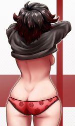 Rule 34 | 1girl, absurdres, ass, back, black hair, black shirt, breasts, butt crack, clothes lift, derivative work, draco9625, floral print, from behind, gradient hair, highres, meme, multicolored hair, panties, red hair, red panties, ruby rose, rwby, ryuko redraw (meme), screenshot redraw, shirt, shirt lift, short hair, sideboob, solo, thighs, underwear