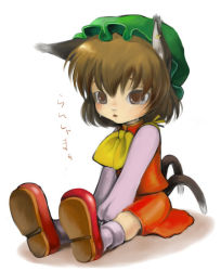 Rule 34 | 1girl, animal ears, bad id, bad pixiv id, brown hair, cat ears, cat girl, cat tail, chen, earrings, female focus, hat, jewelry, makoto k 7900, multiple tails, nekomata, sitting, solo, t repens, tail, tears, touhou, two tails