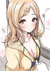 Rule 34 | 1boy, 1girl, blonde hair, blush, bra, bra pull, breasts, brown eyes, cleavage, closed mouth, clothes pull, collarbone, commentary request, hair ornament, hairclip, hetero, highres, idolmaster, idolmaster shiny colors, jacket, long hair, looking at viewer, medium breasts, multicolored hair, murabito c, open clothes, open jacket, pov, pulling another&#039;s clothes, red hair, sakuragi mano, streaked hair, two-tone hair, underwear, upper body, whiteboard, yellow jacket