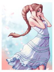 Rule 34 | 1girl, 5tatsu, aerith gainsborough, bare arms, bare shoulders, braid, braided ponytail, breasts, brown hair, cowboy shot, crisis core final fantasy vii, dress, facing to the side, falling petals, final fantasy, final fantasy vii, green eyes, hair ribbon, highres, long dress, long hair, looking at viewer, medium breasts, official alternate costume, parted bangs, parted lips, petals, pink ribbon, ribbon, sidelocks, single braid, solo, striped clothes, striped dress, sundress, twitter username, white dress