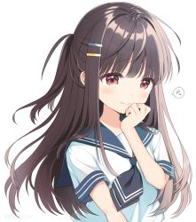 Rule 34 | 1girl, absurdres, black neckerchief, blue sailor collar, blunt bangs, blush, brown hair, closed mouth, commentary request, hair ornament, hairclip, hand to own mouth, hand up, highres, long hair, looking at viewer, neckerchief, original, red eyes, sailor collar, school uniform, serafuku, short sleeves, simple background, solo, spoken sweatdrop, sweatdrop, tearing up, upper body, uramakaron, white background