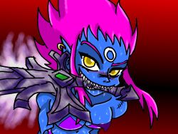 Rule 34 | blue skin, colored skin, evelynn (league of legends), evelynn (old), highres, league of legends, mouth hold, purple hair, sweat, sword, weapon, yellow eyes