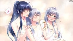 Rule 34 | 3girls, :d, ahoge, bath, blue eyes, blue hair, blush, breasts, copyright name, hair between eyes, hand on another&#039;s shoulder, highres, indoors, large breasts, looking at another, multiple girls, musical note, nude, official art, open mouth, ponytail, psychic hearts, scrubber, silver hair, sitting, small breasts, smile, soap, spoken musical note, steam, towel, upper body