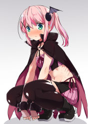 Rule 34 | 1girl, absurdres, bad id, bad pixiv id, bat hair ornament, between legs, black cape, black choker, black footwear, black thighhighs, blush, boots, breasts, cape, chiyoda momo, choker, closed mouth, collarbone, commentary request, crop top, fingerless gloves, full body, gloves, gradient background, green eyes, grey background, hair between eyes, hair ornament, halterneck, heart o-ring, heart ring top, high collar, highres, knee boots, kounosu satori, long hair, looking at viewer, machikado mazoku, midriff, navel, nose blush, panties, pink gloves, pink hair, pink ribbon, pink shirt, pink skirt, pleated skirt, ponytail, ribbon, shiny clothes, shiny skin, shirt, side-tie panties, sidelocks, skirt, small breasts, solo, spoilers, squatting, sweat, sweatdrop, thighhighs, underwear, v-shaped eyebrows, wavy mouth, white background, wrist cuffs, x hair ornament