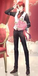 Rule 34 | 1boy, 707 (susanghan messenger), blush, bouquet, chair, flower, full body, glasses, holding, holding bouquet, long sleeves, looking at viewer, male focus, pants, parted lips, red eyes, red hair, saltycaramel, short hair, smile, solo, susanghan messenger, teeth, v