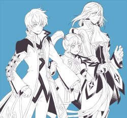 Rule 34 | 1girl, 2boys, asbel lhant, blush, coat, ascot, detached sleeves, frills, hair ornament, jacket, long hair, monochrome, multiple boys, open mouth, pants, richard (tales), short hair, shorts, sophie (tales), tales of (series), tales of graces, twintails, very long hair