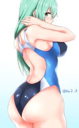 Rule 34 | 1girl, aqua hair, ass, black one-piece swimsuit, commentary request, competition swimsuit, cowboy shot, from behind, gradient background, green background, green eyes, highres, ibuki grunt, kantai collection, long hair, looking at viewer, one-piece swimsuit, solo, standing, suzuya (kancolle), swimsuit, twitter username, white background
